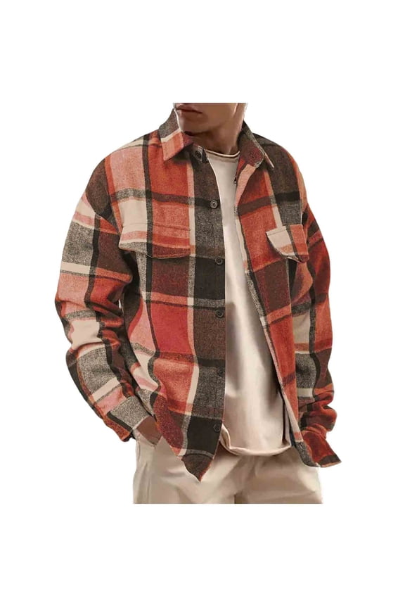 Mens Flannel Shirts Long Sleeve Lightweight Plaid Shirt Casual Button Down Shirts Jacket Orange XXL(XXL)