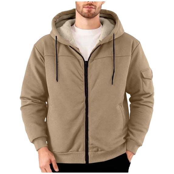 Hinvhai Mens Fleece Hoodies with Zipper Pockets Long Sleeve Full Zip Jacket Sports Hooded Sweatshirts Fall Winter Outfits Khaki S(S)