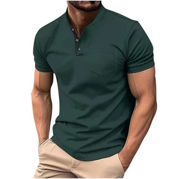 Hinvhai Mens Henley Shirts Short Sleeve Casual Button T-Shirts Basic Tee Shirts Summer Vintage T Shirts with Pocket Green XL(XL)