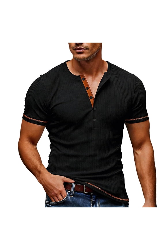 Mens Henley Shirts Short Sleeve Retro Washed T-Shirt Button Placket Casual Tee for Summer Daily Streetwear Tops Loose Black M(M)