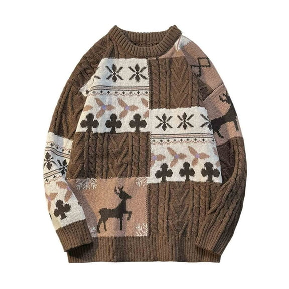 Hinvhai Mens Knit Sweater Grandpa Vintage Knitted Sweaters Oversized Striped Spring Pullover Casual Long Sleeve Pullovers Brown L(L)