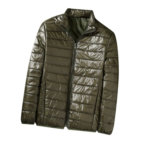 Hinvhai Mens Lightweight Down Jacket Shiny Packable Puffer Jacket Warm Insulated Padded Bubble Winter Coats Outwear No Hood Army Green 4(M)