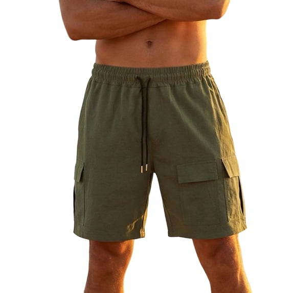 Hinvhai Mens Linen Cargo Shorts with Pocket Elastic Waist Drawstring Summer Casual Athletic Work Short Pants Trendy Beach Pant Army Green XL(XL)