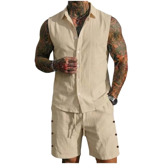 Hinvhai Mens Linen Sets 2 Piece Outfits Sleeveless Shirt and Pants Set Vacation Outfit for Men Summer Beach Suits Khaki M(M)