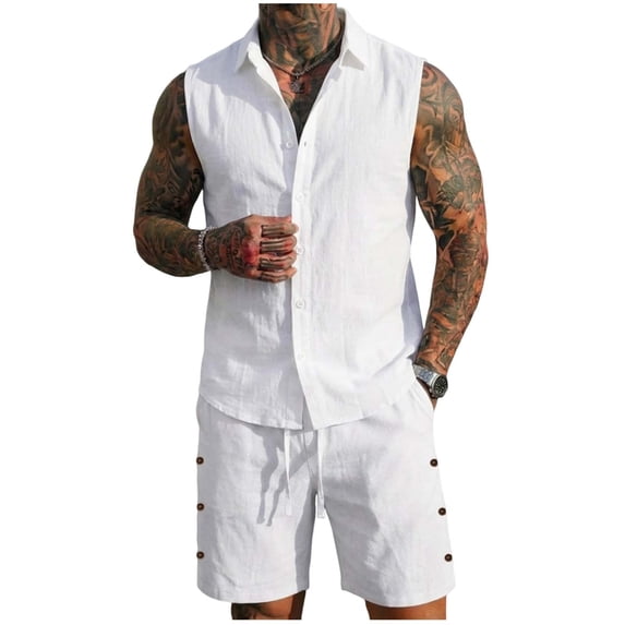 Hinvhai Mens Linen Sets 2 Piece Outfits Sleeveless Shirt and Pants Set Vacation Outfit for Men Summer Beach Suits White M(M)