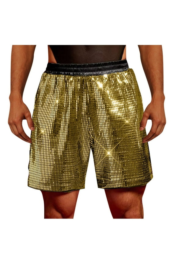 Mens Metallic Shorts Sparkly Sequin Casual Shorts Drawstring Elastic Waist Loose Shorts for Rave Hot Party Gold M(M)