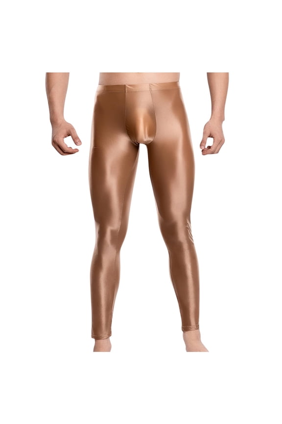 Mens Oil Shiny Glossy Compression Pants Stretchy Nylon Smooth Bulge Pouch Leggings Tights Pants Coffee 4(M)