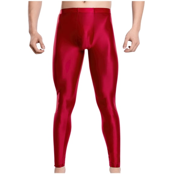 Hinvhai Mens Oil Shiny Glossy Compression Pants Stretchy Nylon Smooth Bulge Pouch Leggings Tights Pants Red 4(M)