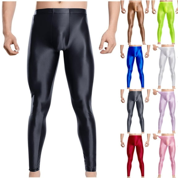 Hinvhai Mens Oil Shiny Glossy Compression Pants Stretchy Nylon Smooth Bulge Pouch Leggings Tights Pants White 8(XL)