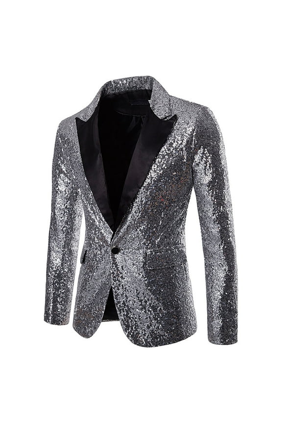 Mens One Button Sequin Dress Suit Jacket Party Festival Tuxedo Sport Coat Silver 6(M)