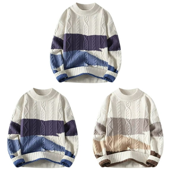 Hinvhai Mens Patchwork Sweater Colorblock Knit Jumper Vintage Cable Knitted Pullover Sweater Khaki 10(XL)