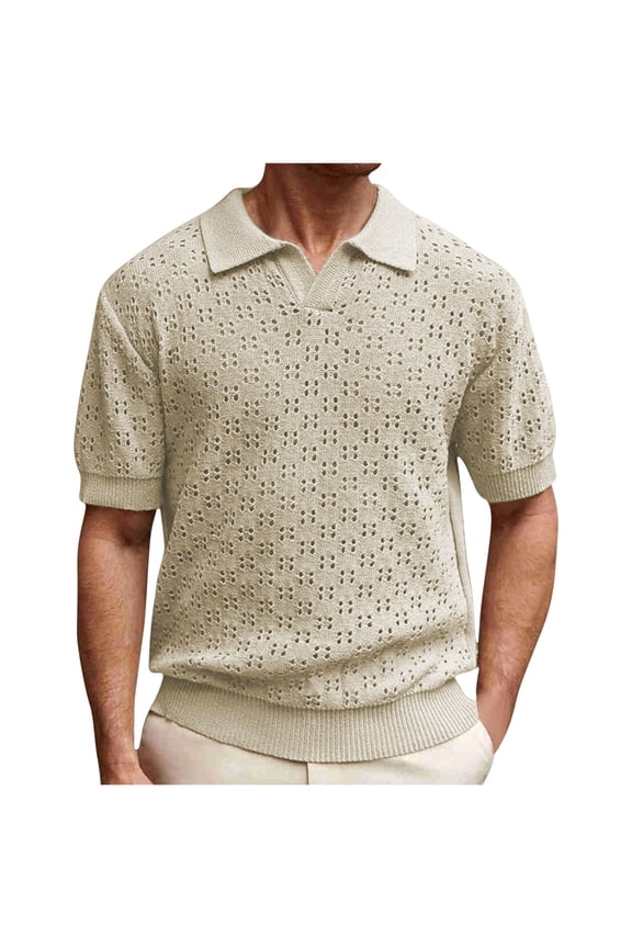 Mens Polo Shirts V-Neck Knit Polo Textured Summer Shirts Beige XXL(XXL)