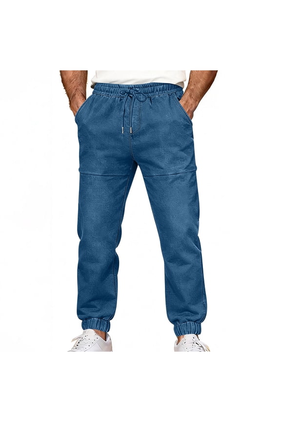 Mens Pull On Jeans - Elastic Waist Pants Men - Faux Denim Pants Straight Leg Sweatpant Jeans Men Pull Up Jeans Blue