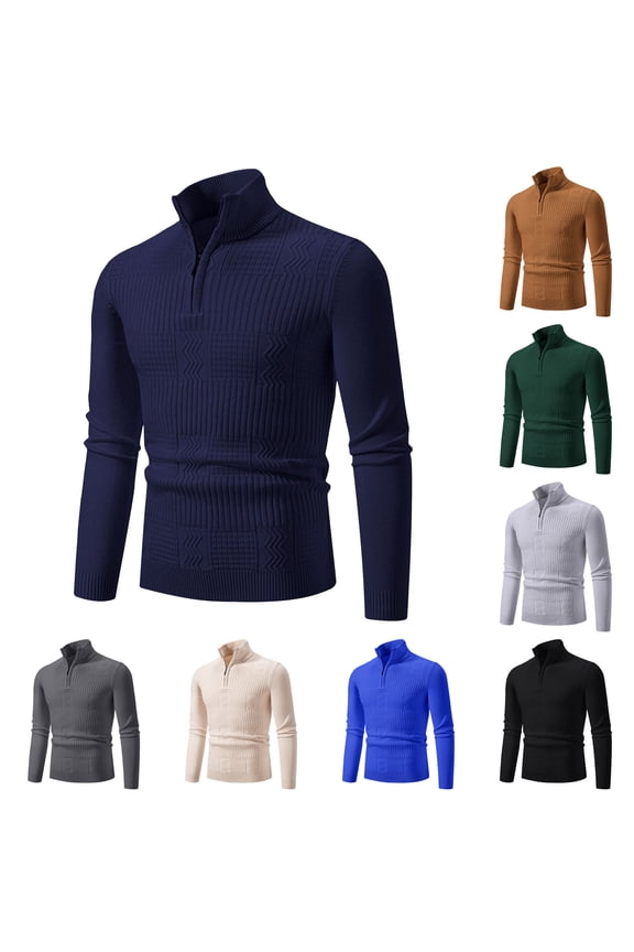 Mens Quarter Zip Sweater Long Sleeve Cable Knit Mock Neck Polo Soft Casual Pullover Sweaters Navy 12(XL)