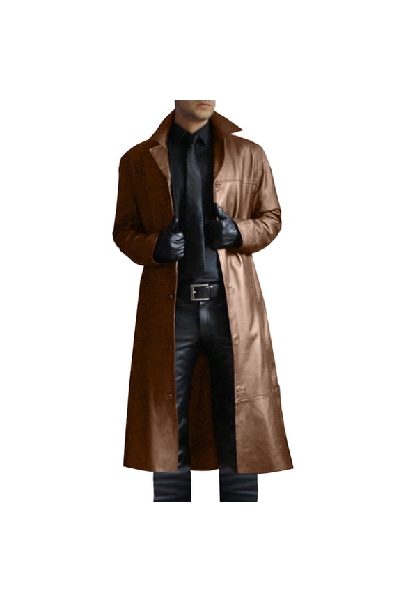 Mens Retro Leather Vintage Long Coat Trench Steampunk Gothic Jacket Overcoat Fashion Leather Gothic Brown 8(XL)
