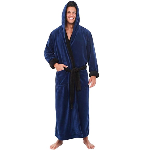 Hinvhai Mens Robe with Hood, Plush Fleece Hooded Mens Bathrobe, Big and Tall Bath Robe for Men Blue M(M)