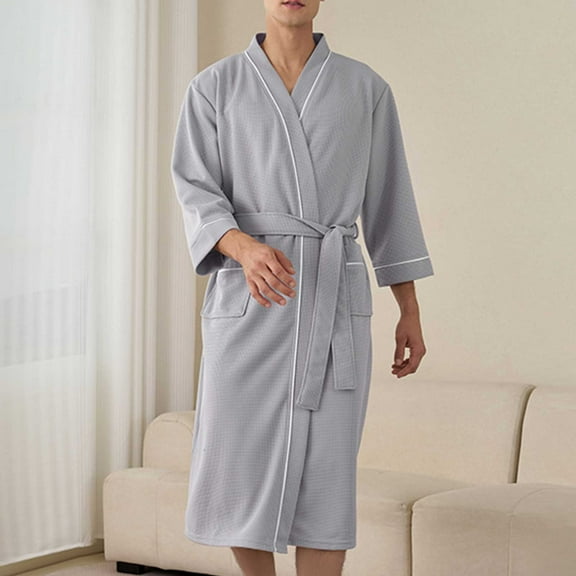 Hinvhai Mens Robes Lightweight Waffle Knit Kimono Bathrobe Long Sleeve Sleepwear Soft Knee Length Robe with Pockets Gray M(M)