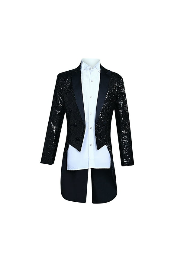 Mens Sequin Tailcoat Swallowtail Suit Jacket Party Show Tux Dress Coat Black 12(XXL)