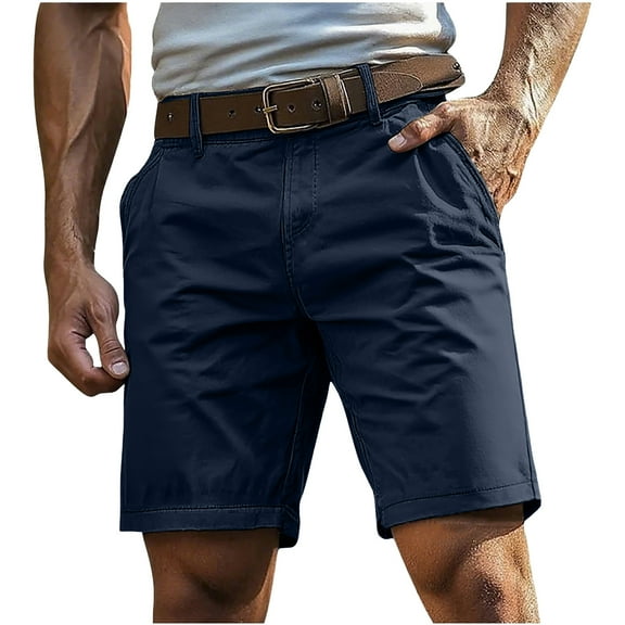 Hinvhai Mens Slim Fit Shorts Summer Casual Short Cotton Linen Chino with Pocket Navy L(L)