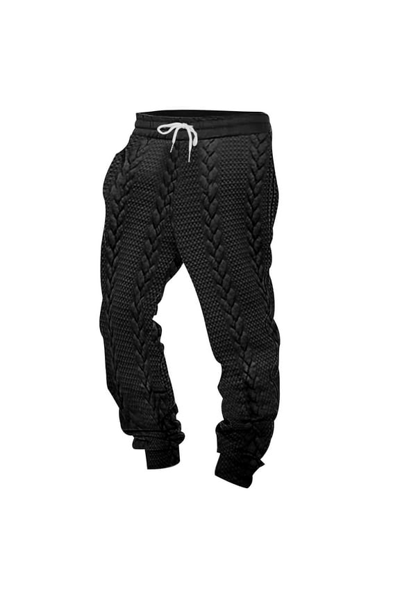 Mens Solid Chunky Cable Knit Warm Pants Drawstring Slim Fit Rib Trousers Elastic Mid Rise Cinch Bottom Jersey Pants Black 3XL(XXXL)