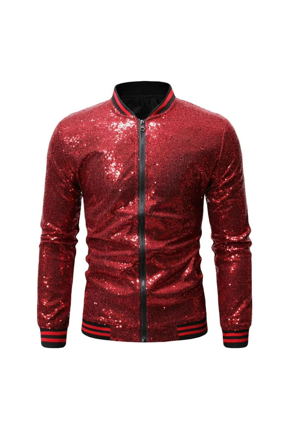 Mens Sparkly Glitter Jacket Coat Sequin Jacket Shiny Disco Clubwear Uniform Full Zipper Cardigan Coats for Performing Wine 6(L)