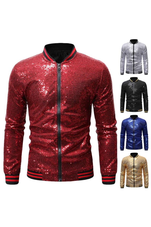 Mens Sparkly Glitter Jacket Coat Sequin Jacket Shiny Disco Clubwear Uniform Full Zipper Cardigan Coats for Performing Wine 8(XL)