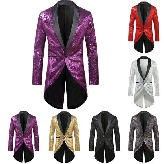 Hinvhai Mens Sparkly Sequin Prom Suit Jackets One Button Long Sleeve Slim Fit Suits Wedding Party Banquet Blazers Tuxedo Silver 10(XL)
