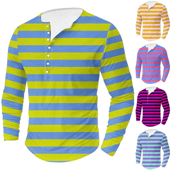 Hinvhai Mens Striped Long Sleeve Henley Shirt Lightweight Button T-Shirt Casual Workwear Pullover Tee Streetwear Purple 10(XL)