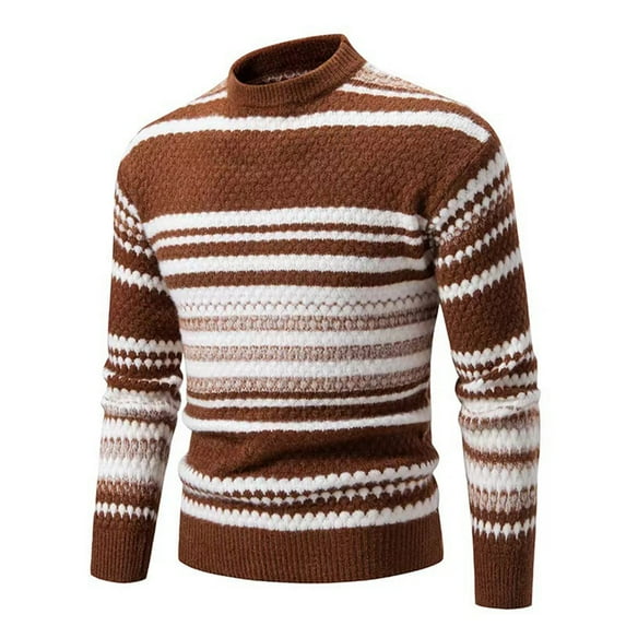 Hinvhai Mens Striped T Shirt Long Sleeve Crewneck Casual Basic Tee Cotton Pullover Tops Brown 8(L)