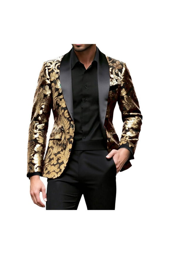 Mens Stylish Dinner Tux Dress Blazer Slim Fit Gold Sequin Suit Jacket Sport Coat Gold M(M)