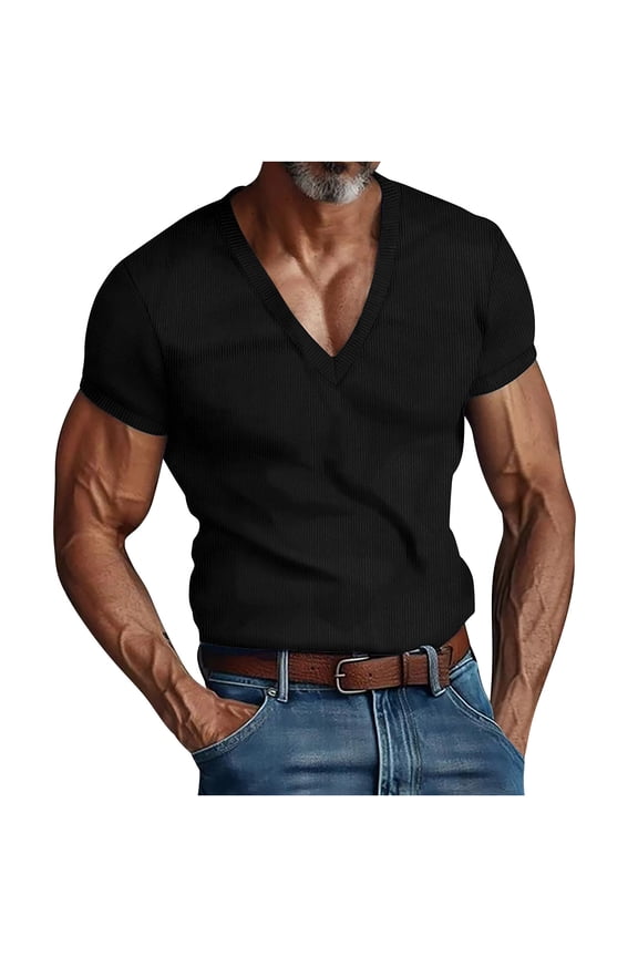Mens T Shirts V Neck Short Sleeve Textured Herringbone Modern Fit Knit Shirts Black 6(M)