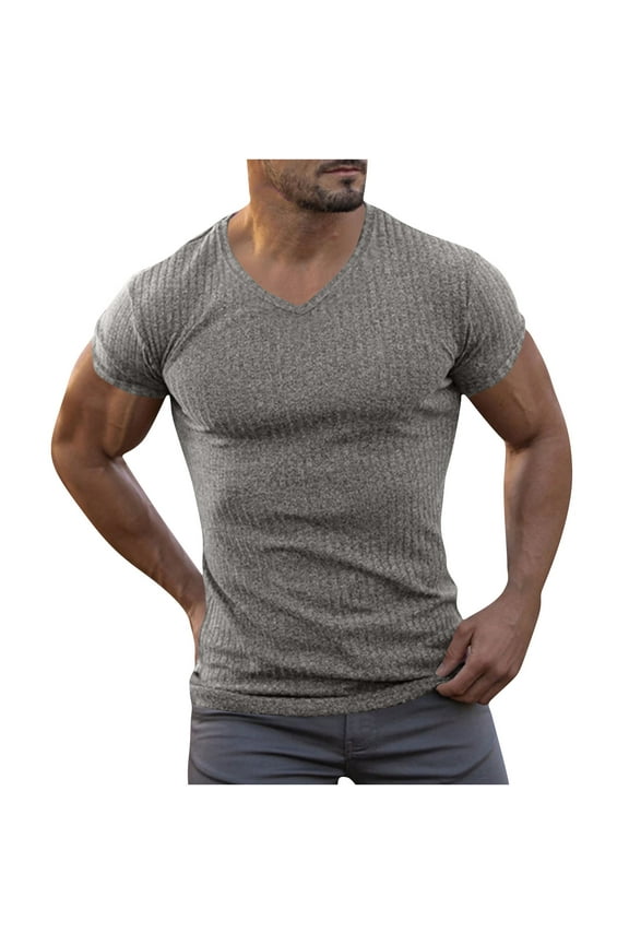 Mens T Shirts V Neck Short Sleeve Textured Herringbone Modern Fit Knit Shirts Gray XXL(XXL)