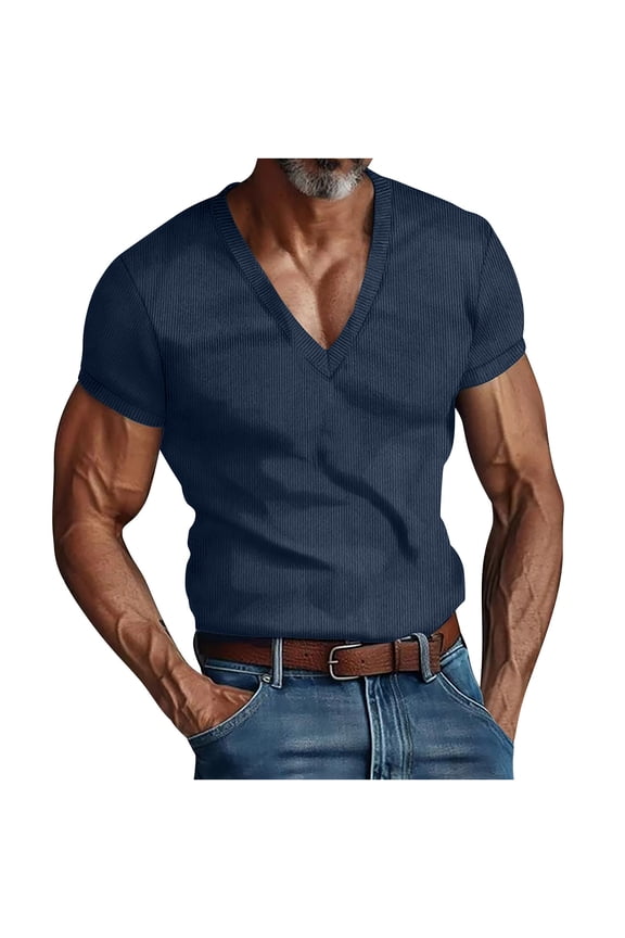 Mens T Shirts V Neck Short Sleeve Textured Herringbone Modern Fit Knit Shirts Navy 6(M)