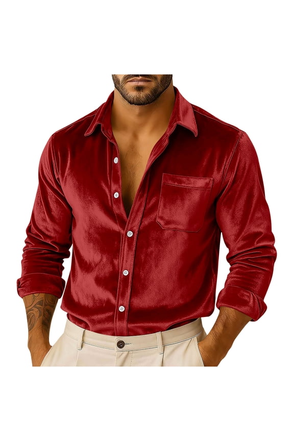 Mens Velvet Shirts Dressy Long Sleeve Button Down Tops Casual Retro Soft Blouses Fashion Loose Shirt Red XXXL(XXXL)