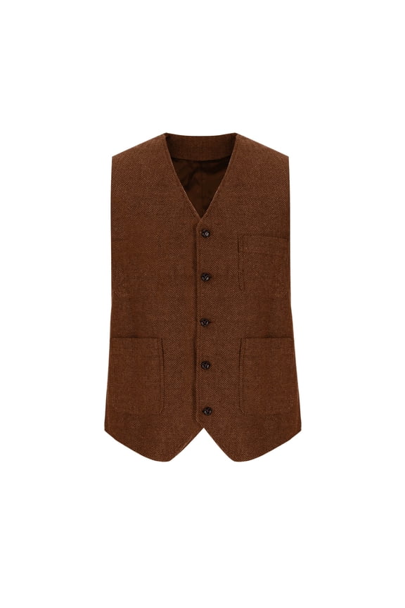 Mens Vintage Tweed Suit Vest V Neck Casual Wool Waistcoat for Wedding Groomsmen Orange XXL