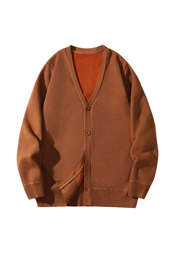 Mens Waffle Textured Cardigan Sweater Long Sleeve V-Neck Knitted Sweaters Orange M(M)