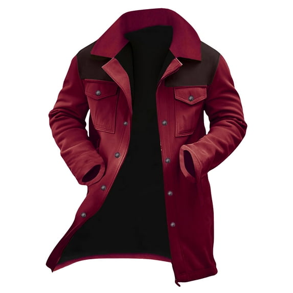 Hinvhai Mens Western Cowboy Vintage Suede Jacket Plush Collar Coats Faux Leather Winter Long Jackets Men Zip Up Casual Retro Tops Wine XXXL(XXXL)
