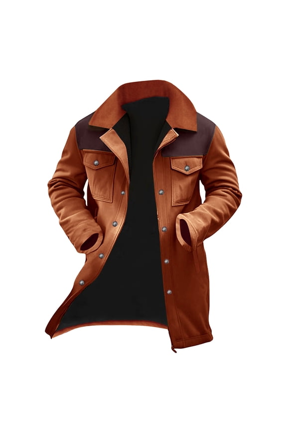 Mens Western Cowboy Vintage Suede Jacket Plush Collar Coats Faux Leather Winter Long Jackets Men Zip Up Casual Retro Tops Yellow M(M)