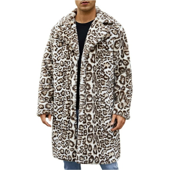 Hinvhai Mens Winter Warm Leopard Faux Fur Long Length Luxury Outerwear Coat Jacket Thick Cardigan Coat Fluffy Lapel Jackets Khaki 12(XXL)