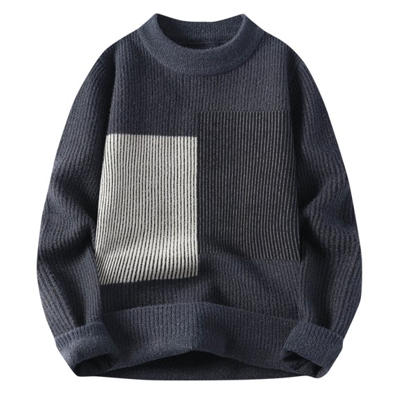 Hinvhai Mens & Womens Long Sleeve Stripe Color Block Patchwork Printed Cable Knit Sweaters Casual Oversized Sweater Pullovers Dark Gray XXL