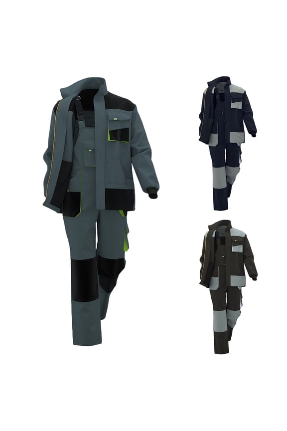 Mens Work Coveralls Long Sleeve Workwear Overalls Utility Zip-Front Coverall with Multi Pockets Includes workwear jacket and overalls workwear pants Gray XL(XL)