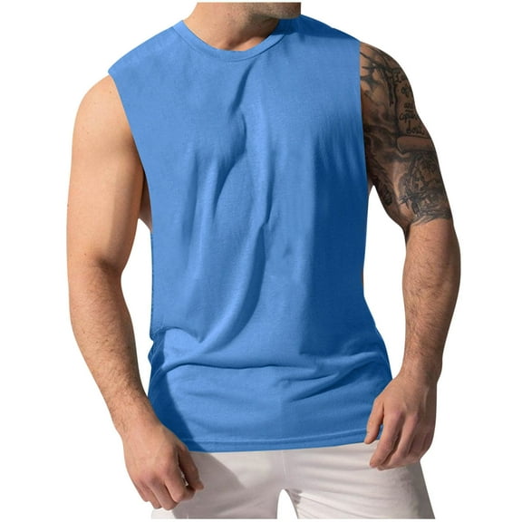Hinvhai Mens Workout Cut off Shirts Perfect Muscle Shirt Bodybuilding Tops Sleeveless Gym T Shirts Light Blue 6(L)