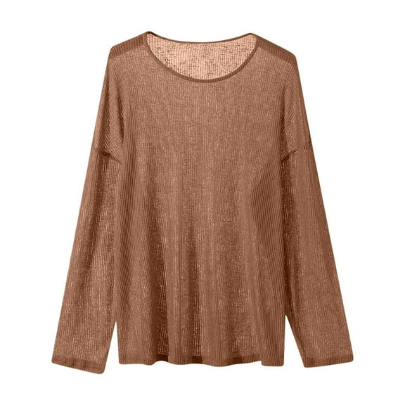 Hinvhai Mens Woven Solid Color Mesh Top Knit Slim Shirt Long Sleeve T-Shirt Bottoming Shirts Coffee S(S)