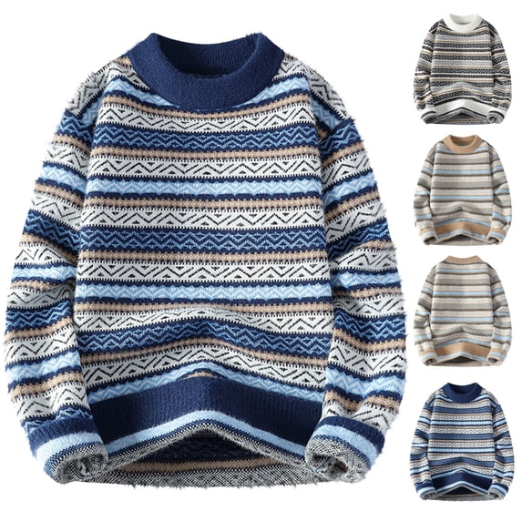 Hinvhai Mens Y2k Striped Sweater Vintage Aesthetic Grandpa Knitted Pullover Tops Long Sleeve Crewneck Women Grunge Clothes Khaki 8(XL)