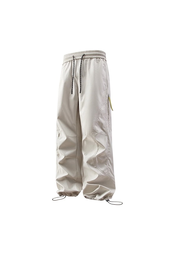 Mens's Baggy Cargo Pants Casual Hiking Parachute Pants Loose Fit Hip Hop Harme Lightweight Water Resistant Pants with Zipper Pockets White