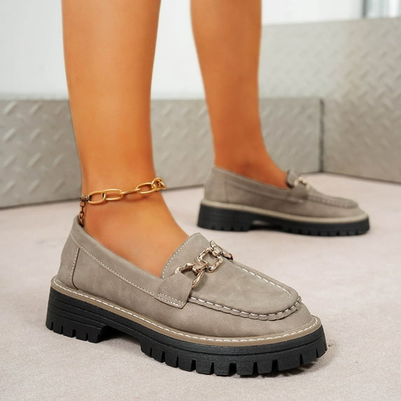 Hinvhai Metal Chain Chunky Heel Loafers for Women Retro Comfortable Anti-Slip Lug Sole Platform Slip On Penny Loafers Casual Work Walking Shoes Khaki 7.5(40)