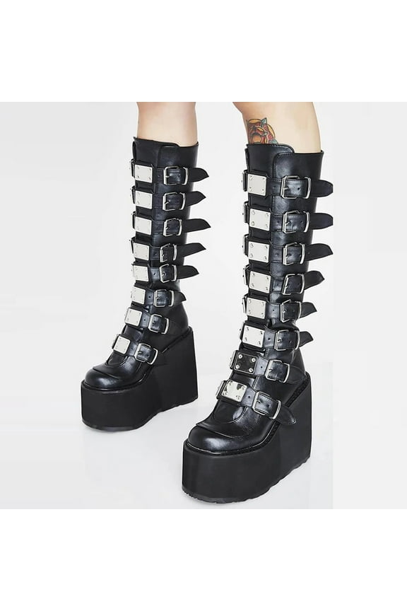 Platform Knee High Boots Square Toe Wedge Boots for Women Goth Buckle Mid Wide Calf Boots Motorcycle Rave Punk Boots Black 6.5(38)