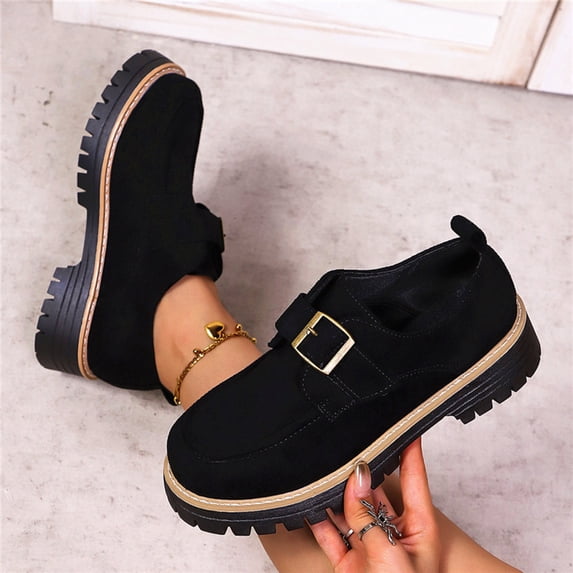 Hinvhai Platforms Loafers for Women Trendy Buckle Straps Solid Color Lug Sole Slip On Dressy Shoes Chunky Block Heels Round Toe Comfort Lightweight Shoes Black 6.5(38)