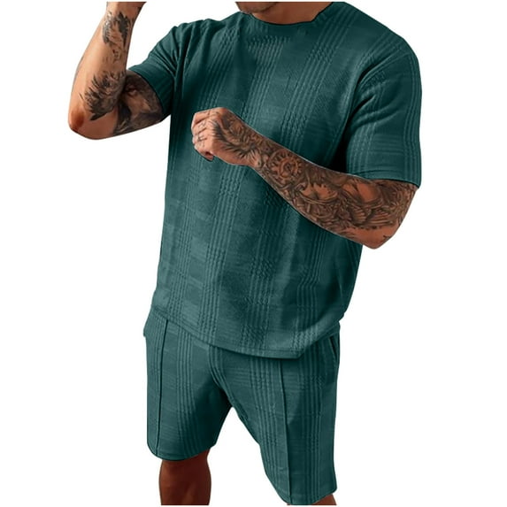 Hinvhai Plus Size Pants Clearance Men's Short-sleeved Shorts Two-piece Sports and Leisure Suit Green 16(XXXXL)