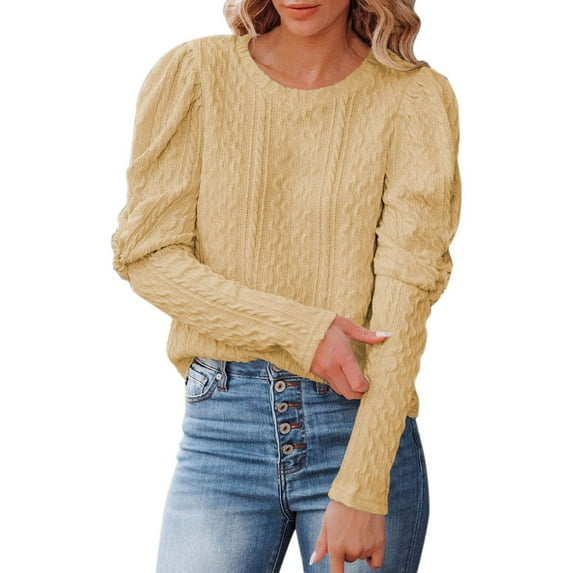 Hinvhai Plus Size Sweater Tops On Seasonal Clearance Autumn and Winter Women's Pullover Blouse Knitting Long Sleeve Solid Tops Sweaters Khaki 4(S)